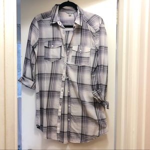 Purple and white plaid button down